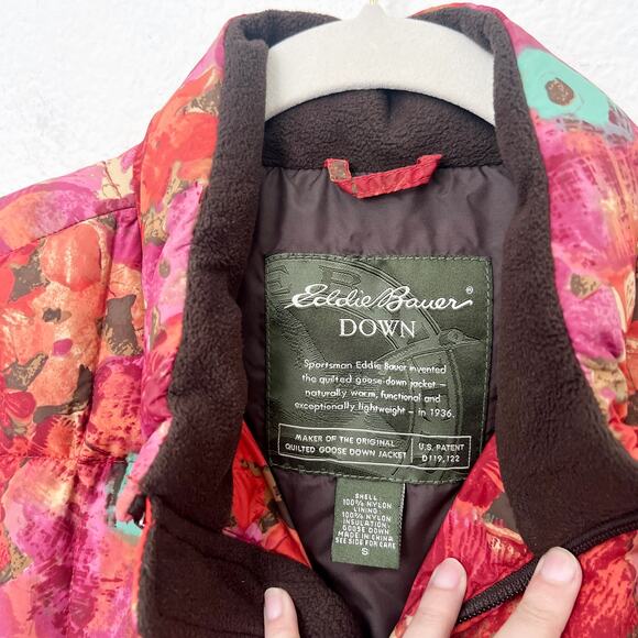 [Eddie Bauer] Pink Orange Floral Print Goose Down Filled Puffer Vest Sz Small S - Picture 9 of 9